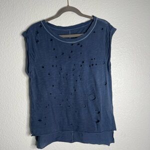 We the Free Blue Distressed Holes Top XSmall